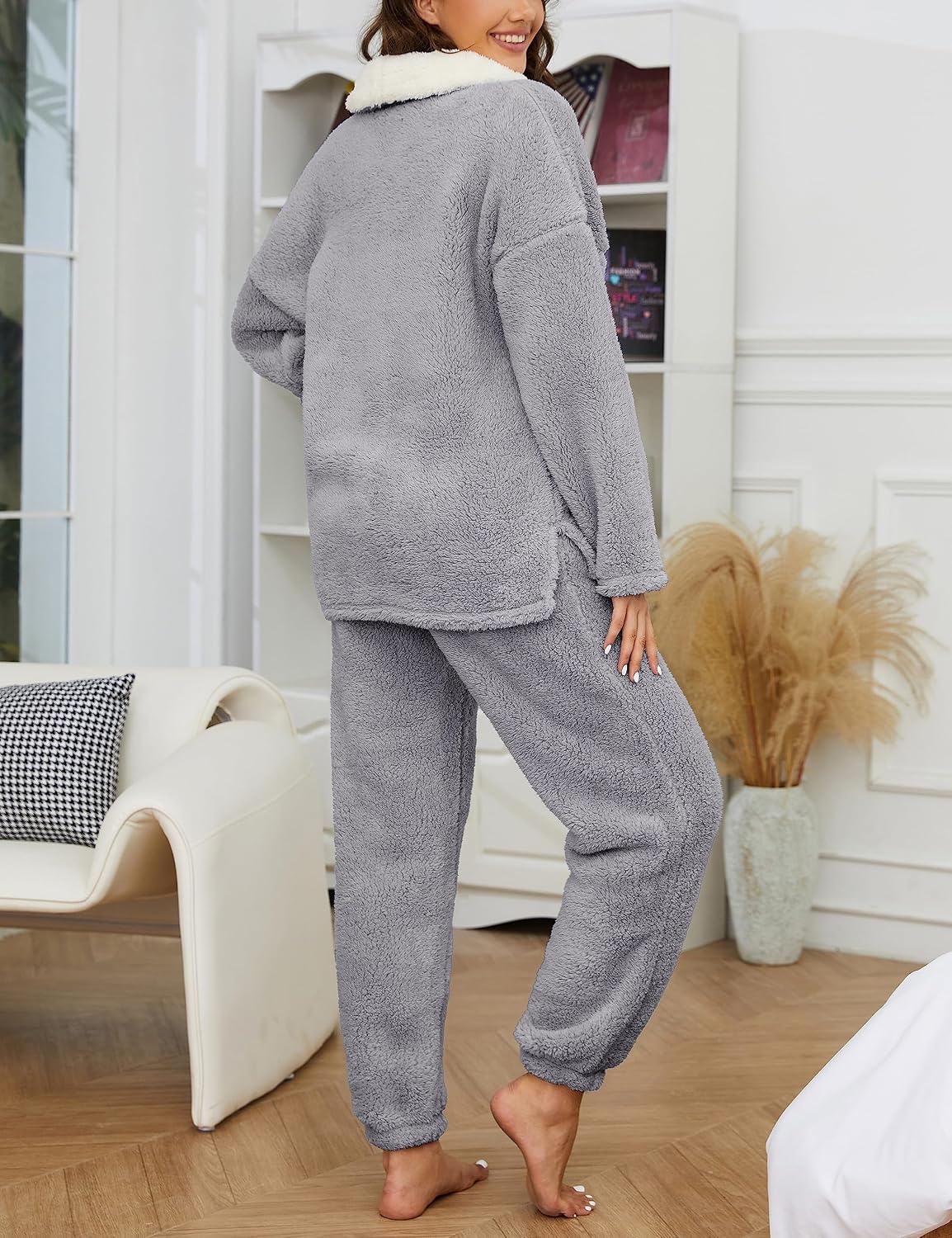 image:imageSpringrain Womens Fluffy Pajamas Set Warm Fleece Pjs SleepwearGrey