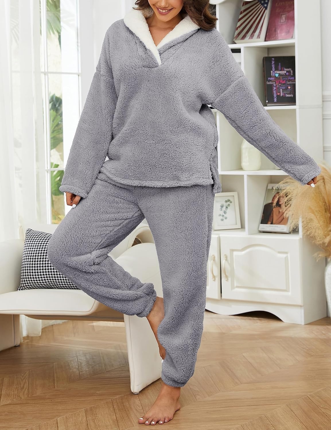 image:imageSpringrain Womens Fluffy Pajamas Set Warm Fleece Pjs SleepwearGrey