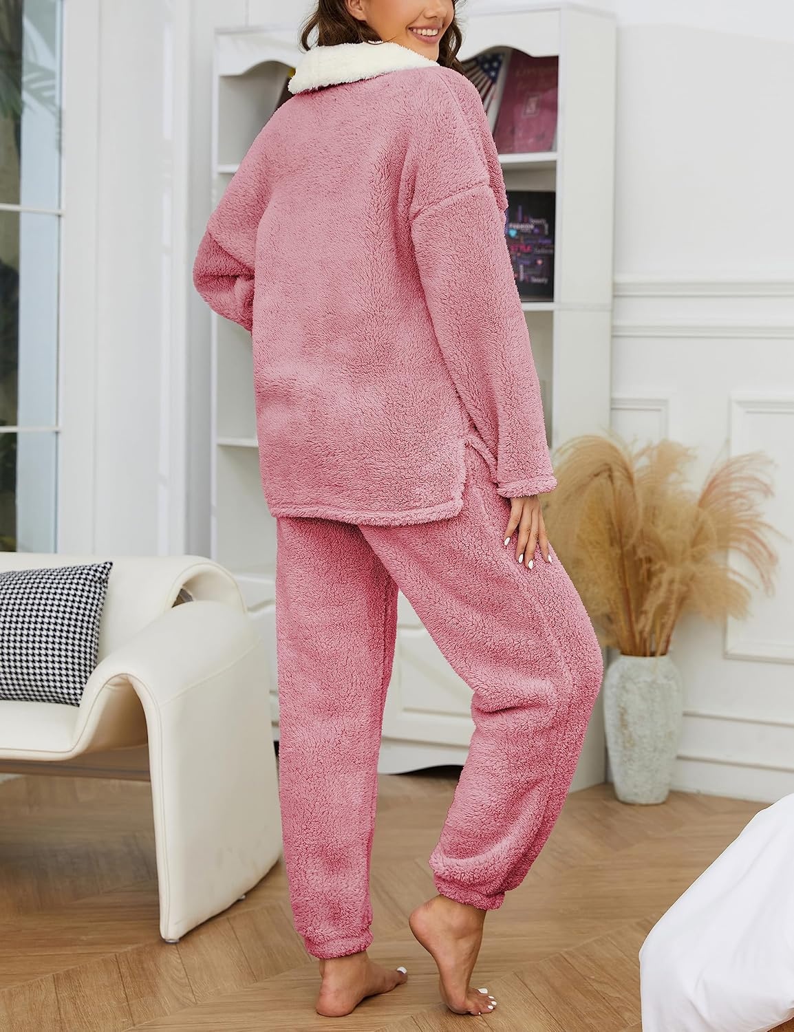 image:imageSpringrain Womens Fluffy Pajamas Set Warm Fleece Pjs SleepwearPink