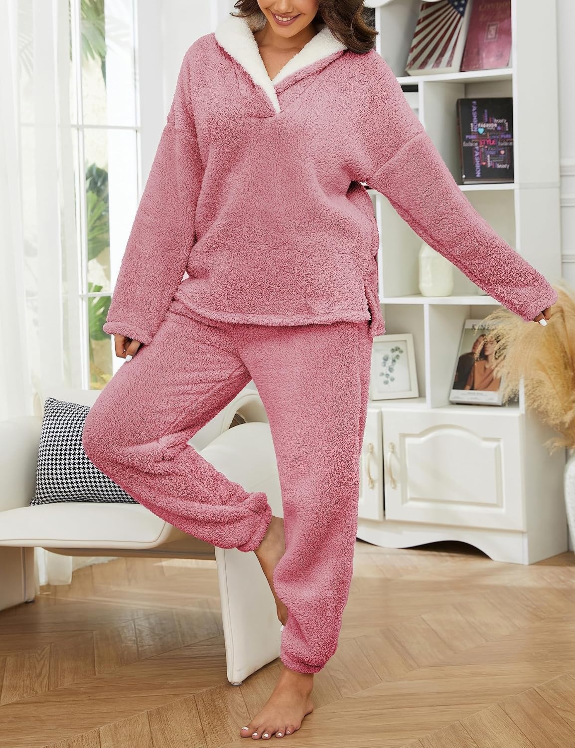 image:imageSpringrain Womens Fluffy Pajamas Set Warm Fleece Pjs SleepwearPink