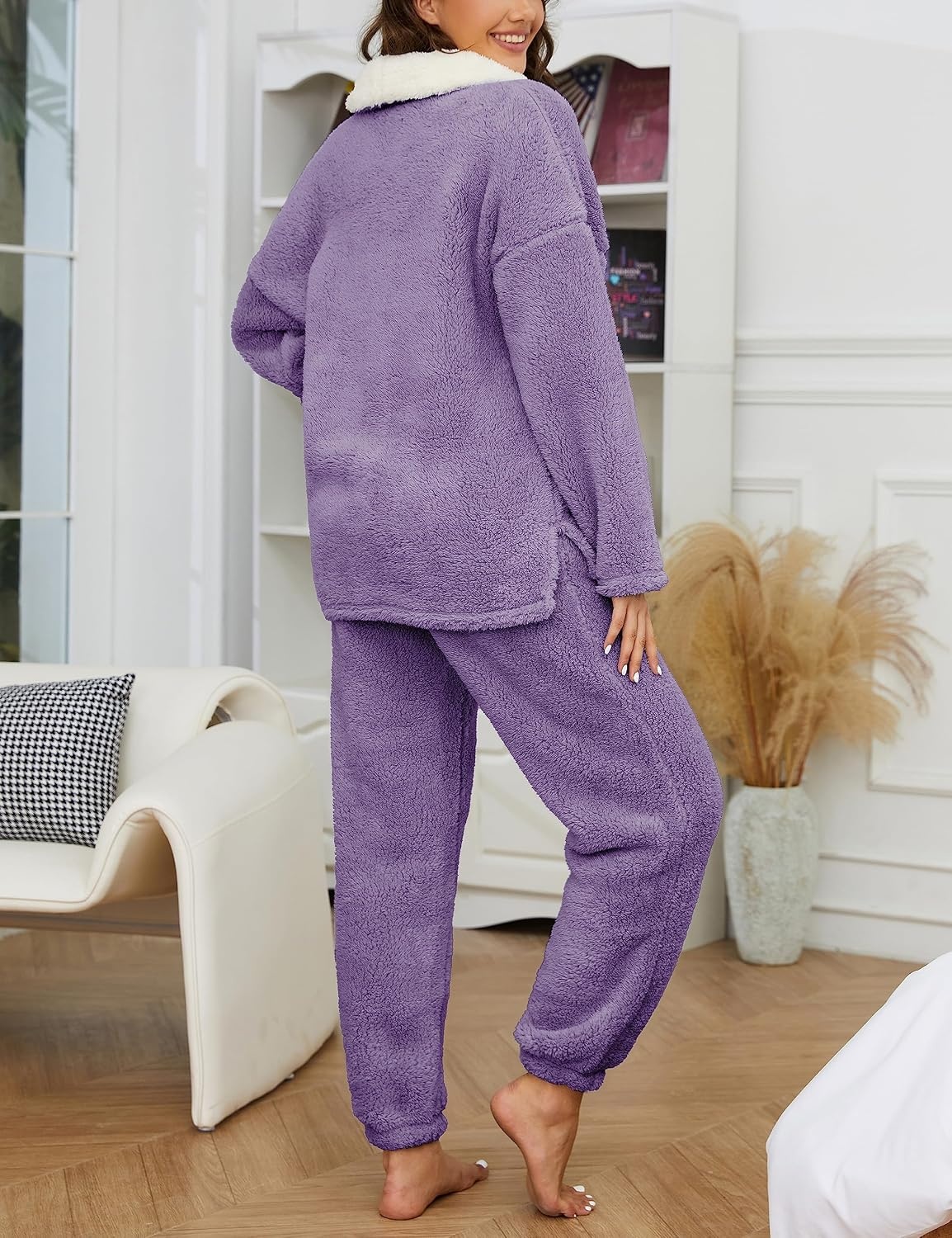 image:imageSpringrain Womens Fluffy Pajamas Set Warm Fleece Pjs SleepwearPurple