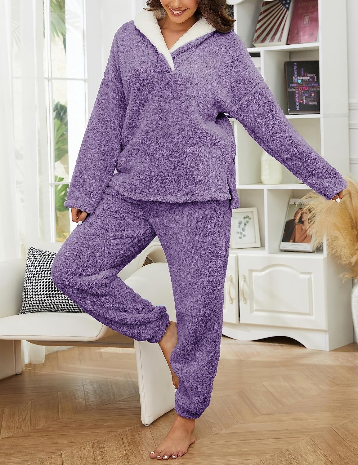 image:imageSpringrain Womens Fluffy Pajamas Set Warm Fleece Pjs SleepwearPurple