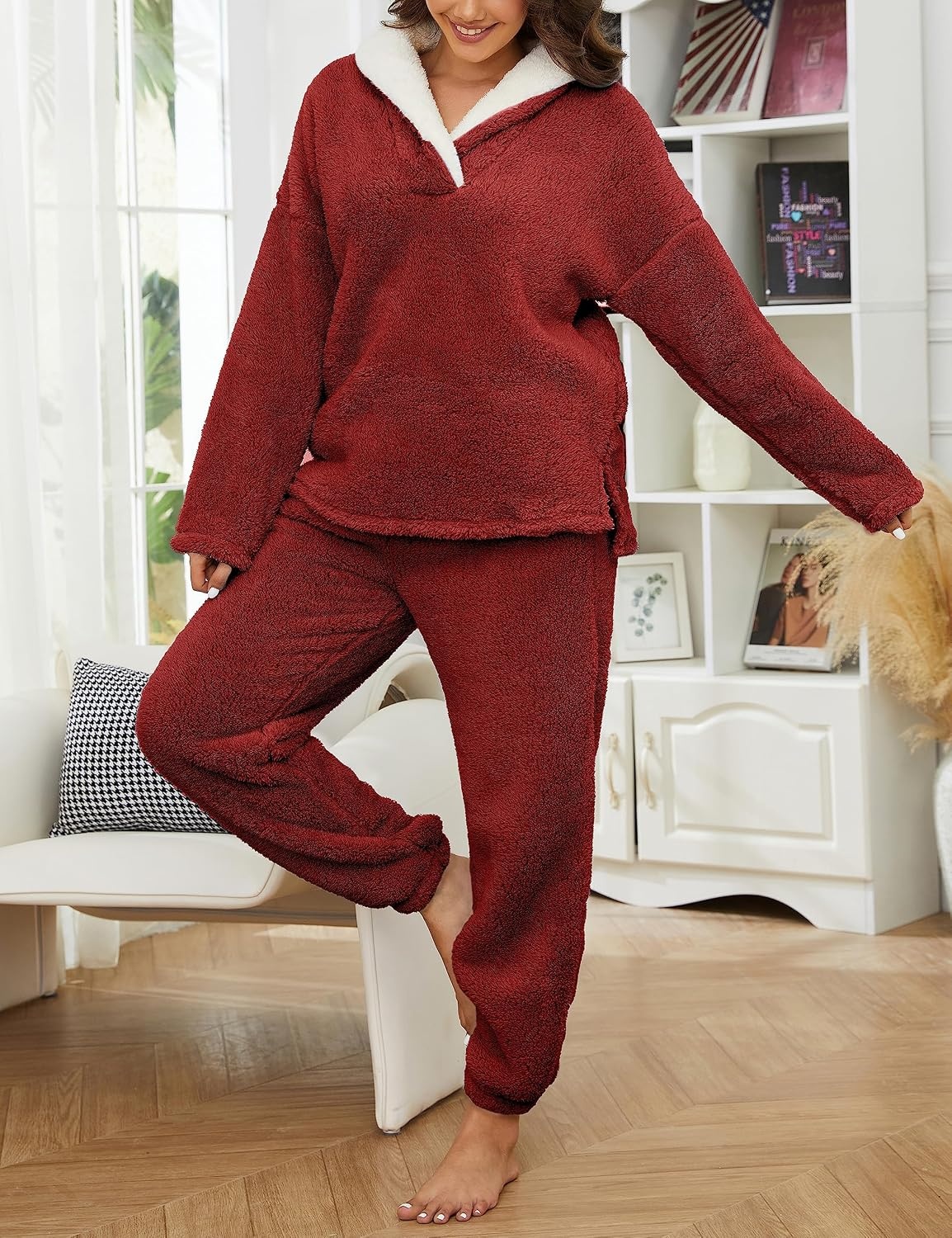 image:imageSpringrain Womens Fluffy Pajamas Set Warm Fleece Pjs SleepwearRed