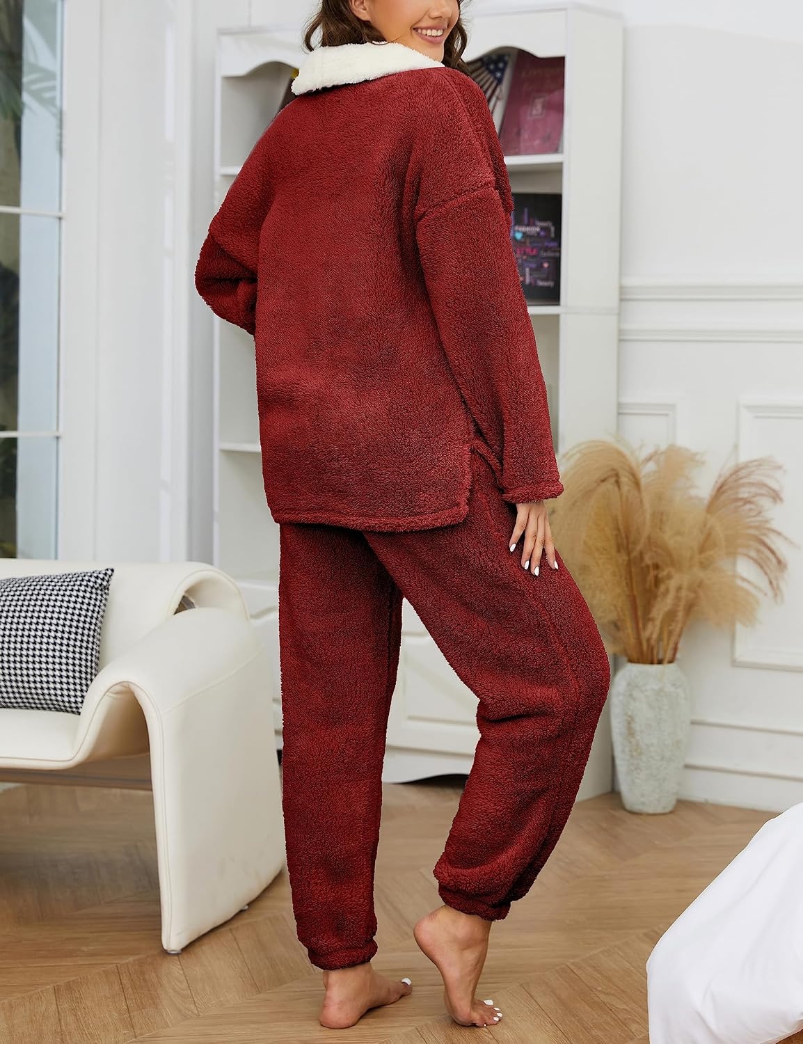 image:imageSpringrain Womens Fluffy Pajamas Set Warm Fleece Pjs SleepwearRed