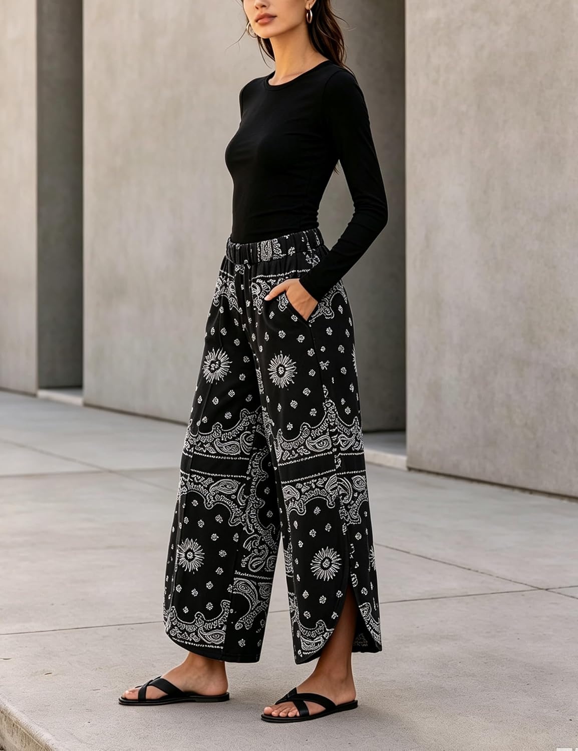 image:imageSpringrain Womens Paisley Print Wide Leg Pants Loose Boho Palazzo TrousersBlack