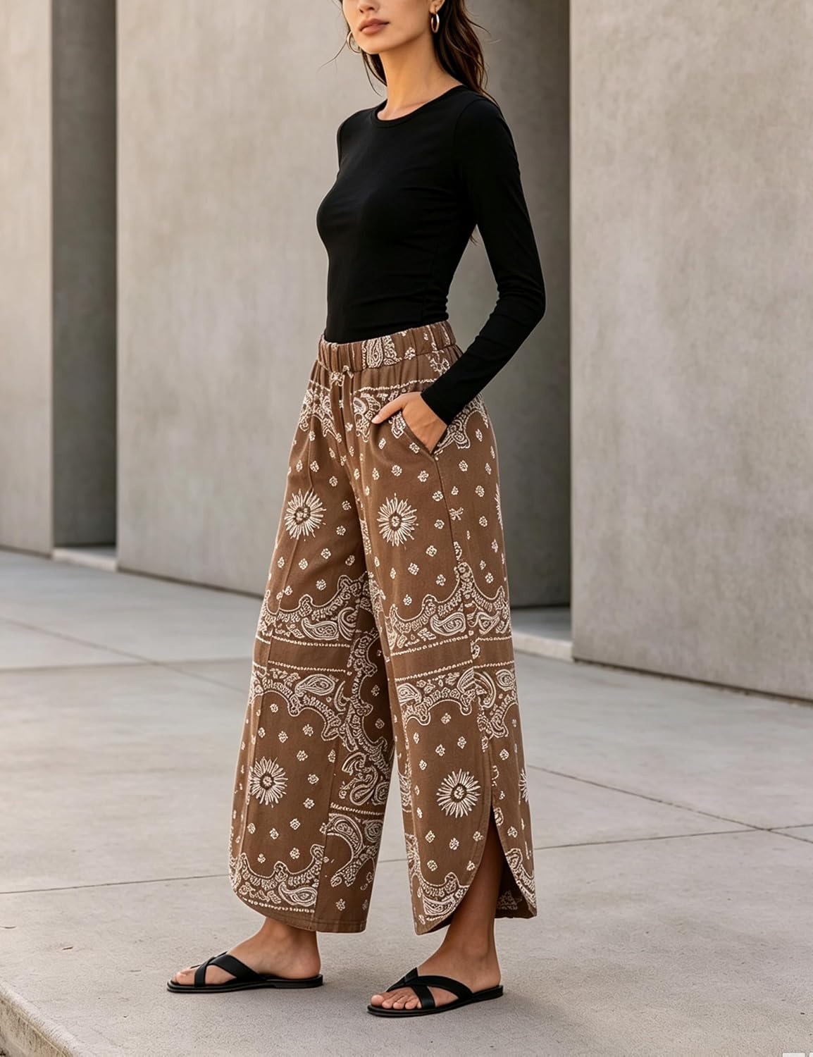 image:imageSpringrain Womens Paisley Print Wide Leg Pants Loose Boho Palazzo TrousersBrown