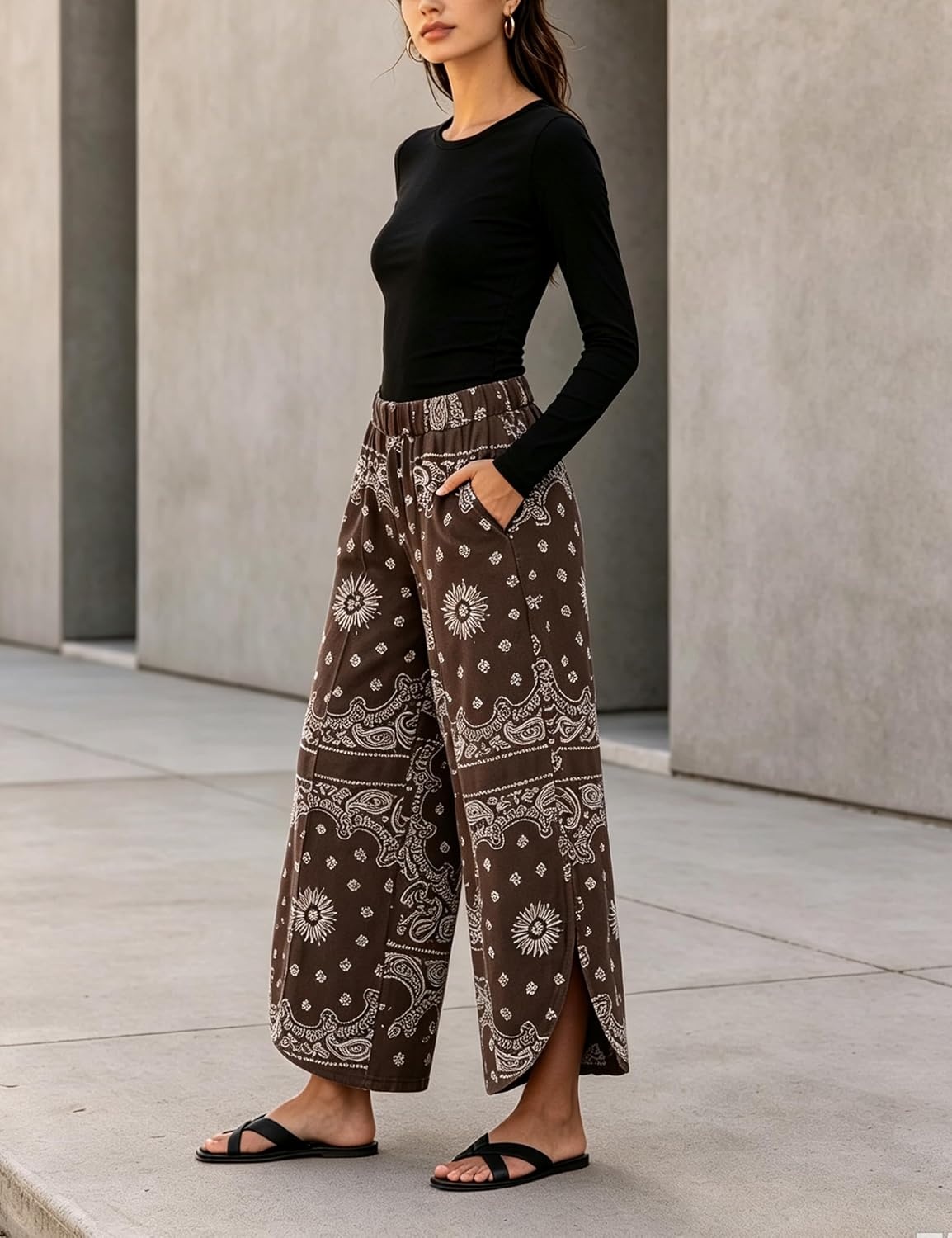 image:imageSpringrain Womens Paisley Print Wide Leg Pants Loose Boho Palazzo TrousersCoffee