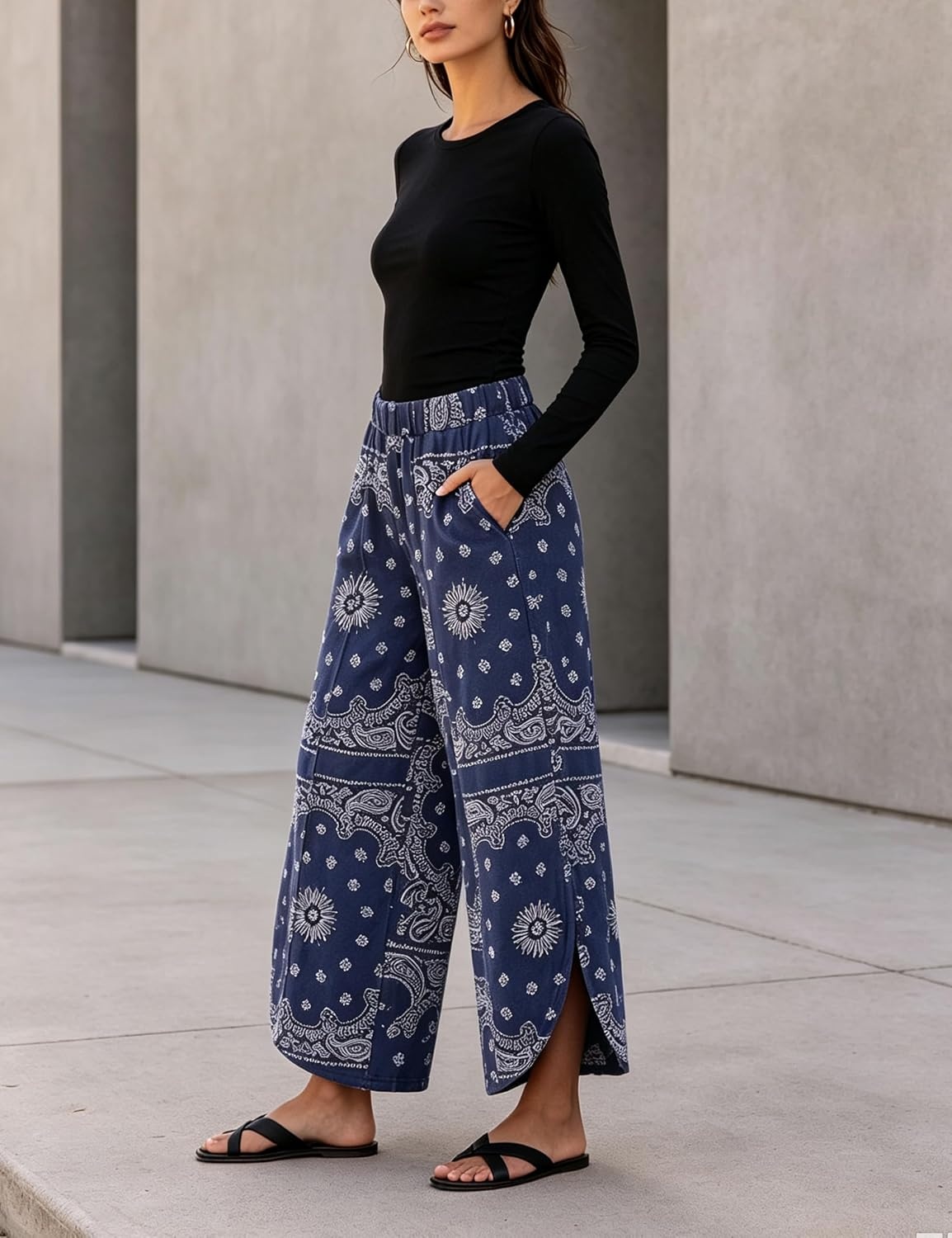 image:imageSpringrain Womens Paisley Print Wide Leg Pants Loose Boho Palazzo TrousersNavy