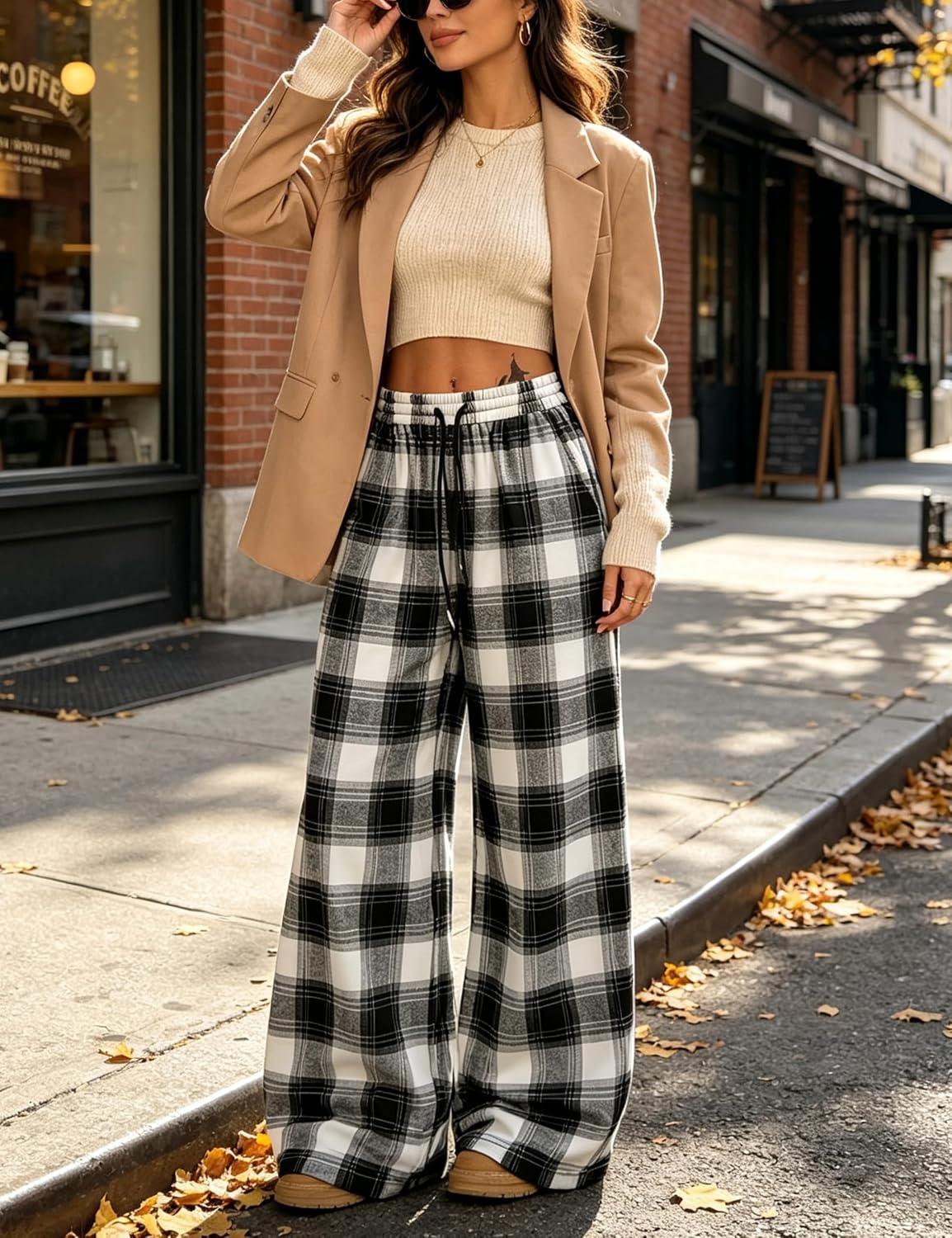 image:imageSpringrain Womens Plaid Wide Leg Pants High Waist Fall Winter TrousersBlack