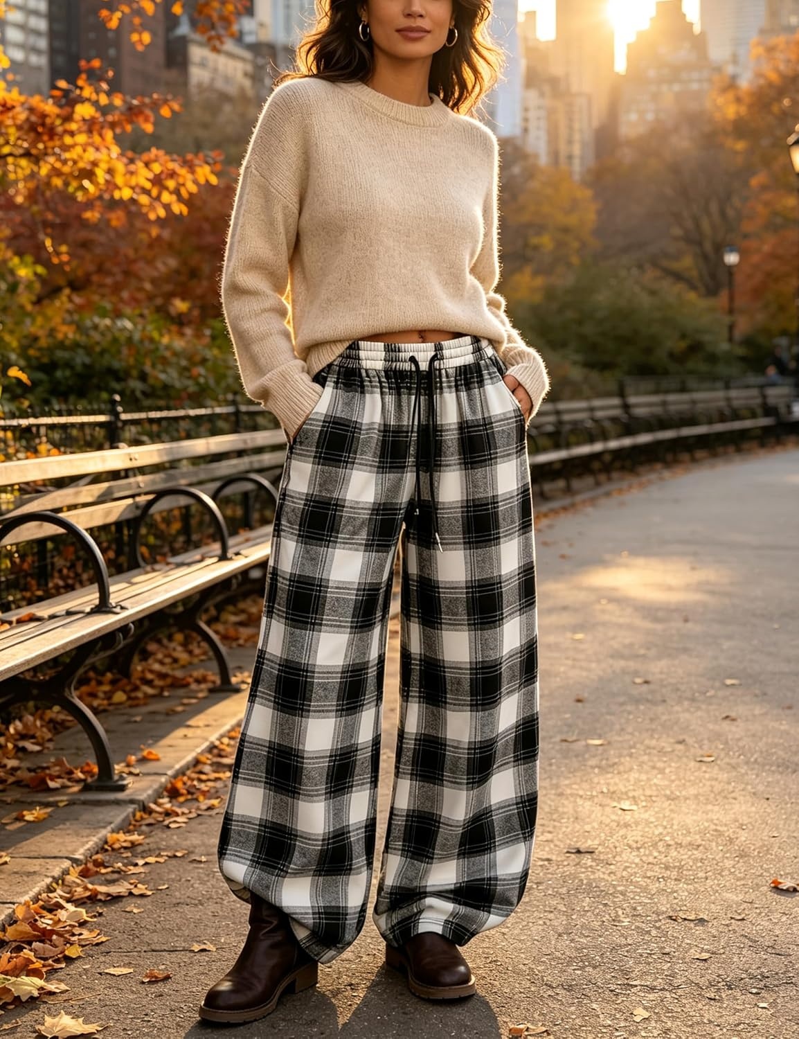 image:imageSpringrain Womens Plaid Wide Leg Pants High Waist Fall Winter TrousersBlack