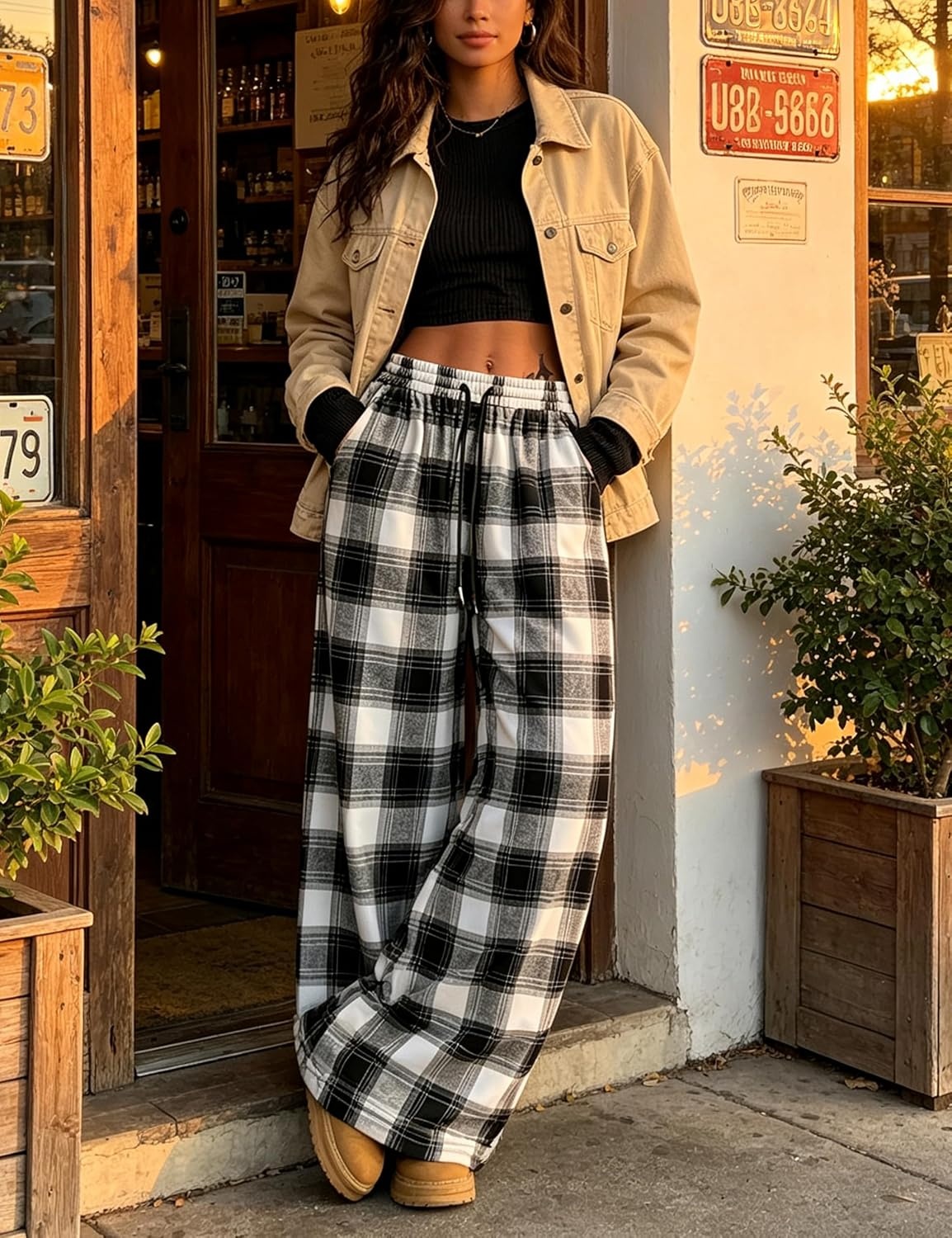 image:imageSpringrain Womens Plaid Wide Leg Pants High Waist Fall Winter TrousersBlack