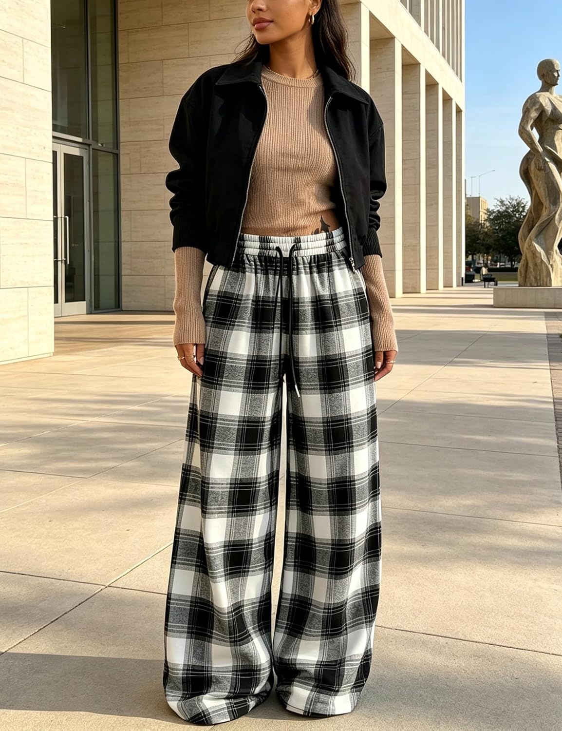 image:imageSpringrain Womens Plaid Wide Leg Pants High Waist Fall Winter TrousersBlack