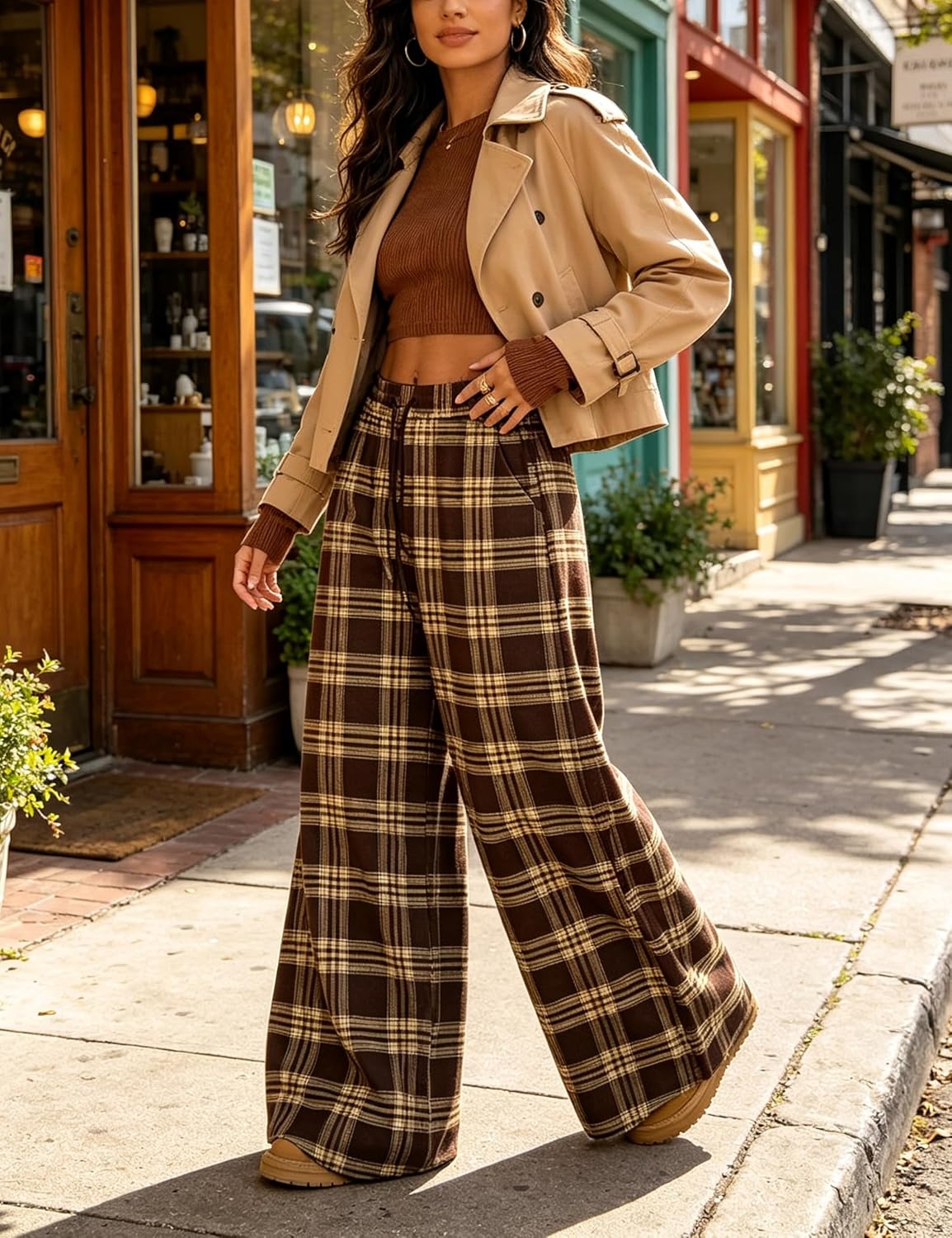 image:imageSpringrain Womens Plaid Wide Leg Pants High Waist Fall Winter TrousersBrown