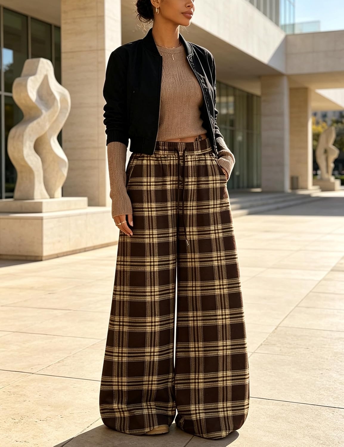 image:imageSpringrain Womens Plaid Wide Leg Pants High Waist Fall Winter TrousersBrown