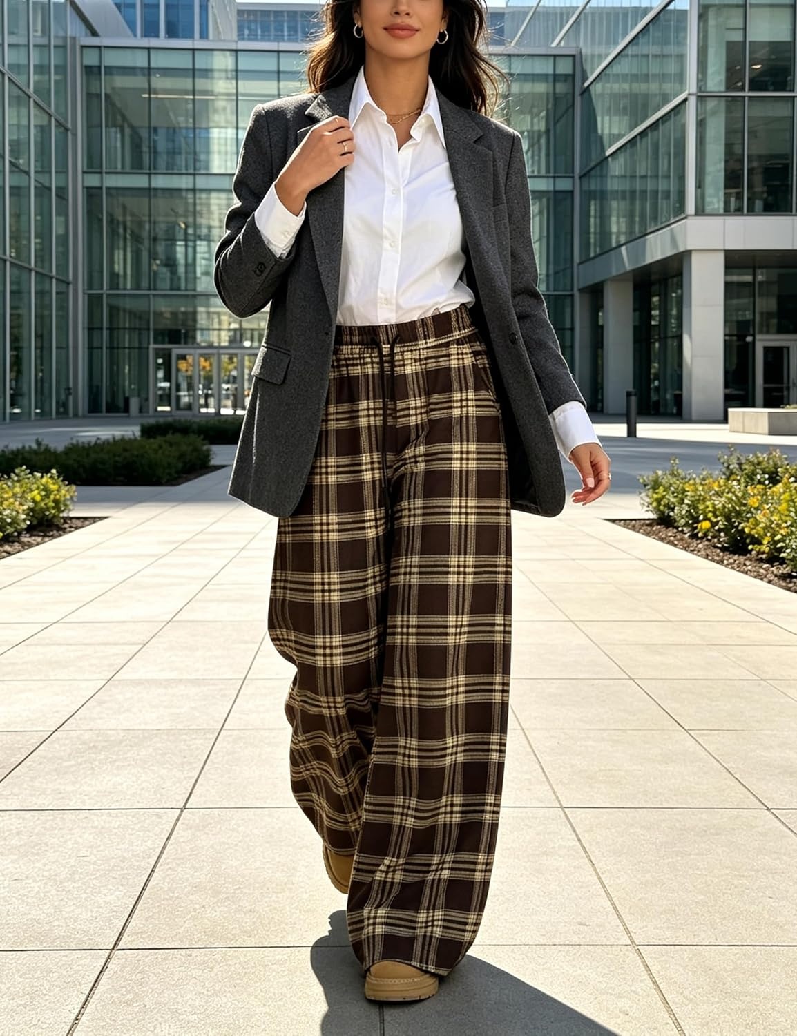 image:imageSpringrain Womens Plaid Wide Leg Pants High Waist Fall Winter TrousersBrown