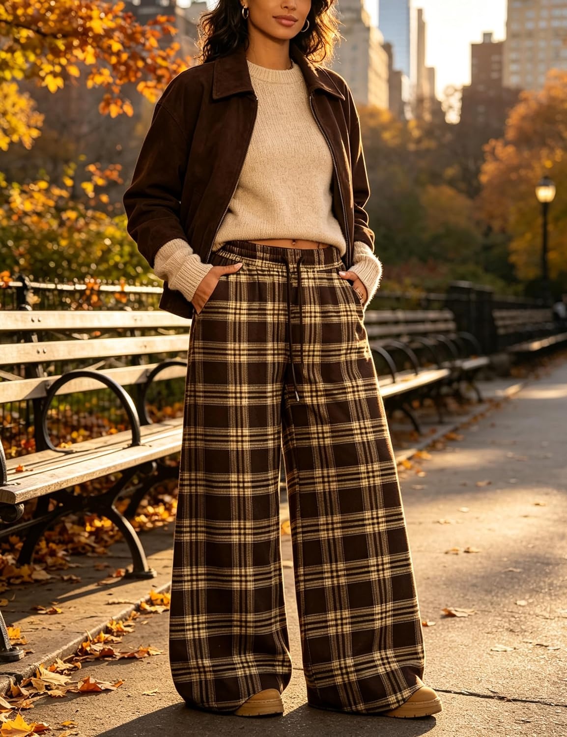 image:imageSpringrain Womens Plaid Wide Leg Pants High Waist Fall Winter TrousersBrown