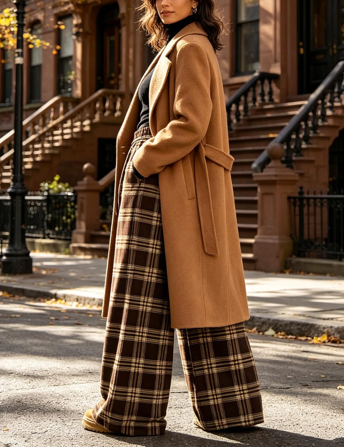 image:imageSpringrain Womens Plaid Wide Leg Pants High Waist Fall Winter TrousersBrown