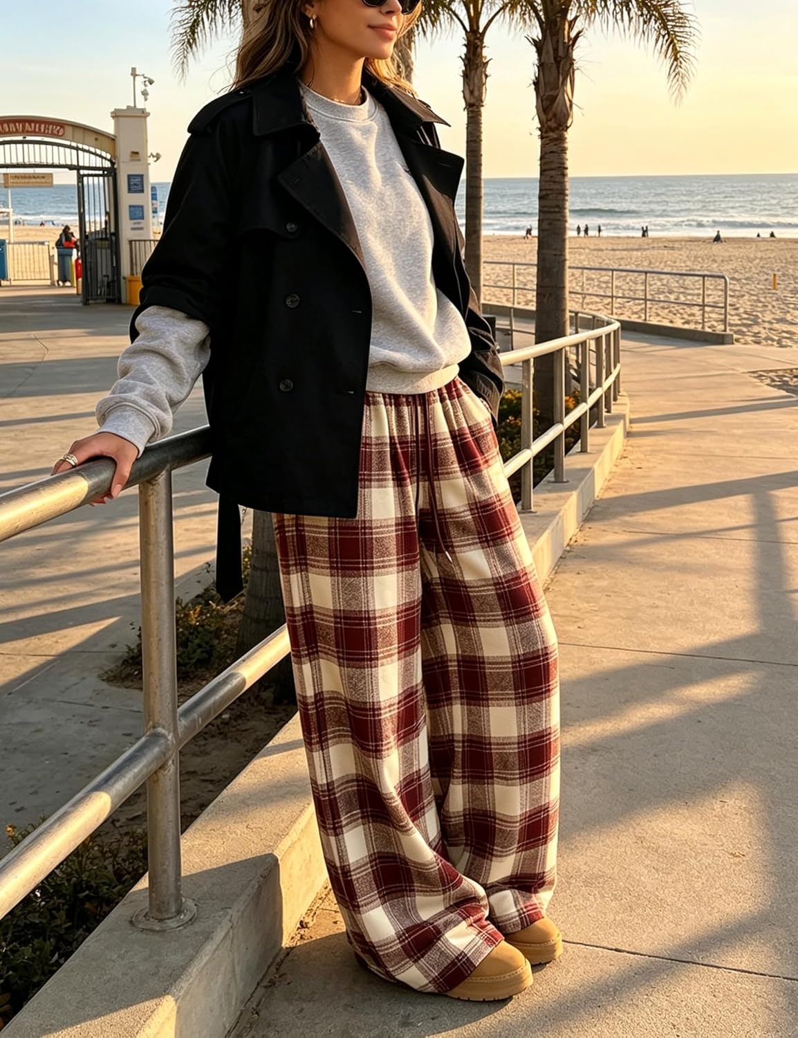 image:imageSpringrain Womens Plaid Wide Leg Pants High Waist Fall Winter TrousersBurgundy