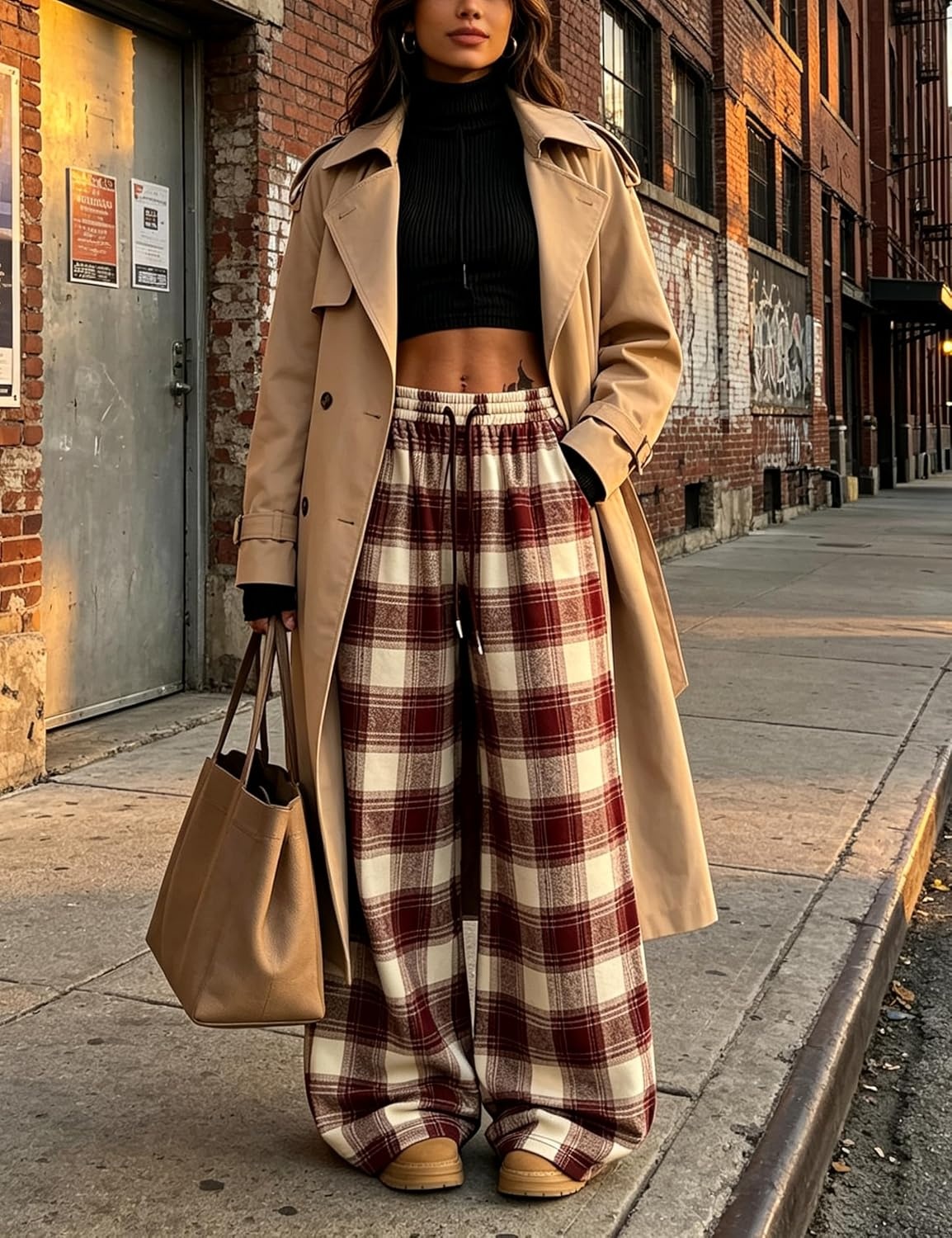 image:imageSpringrain Womens Plaid Wide Leg Pants High Waist Fall Winter TrousersBurgundy