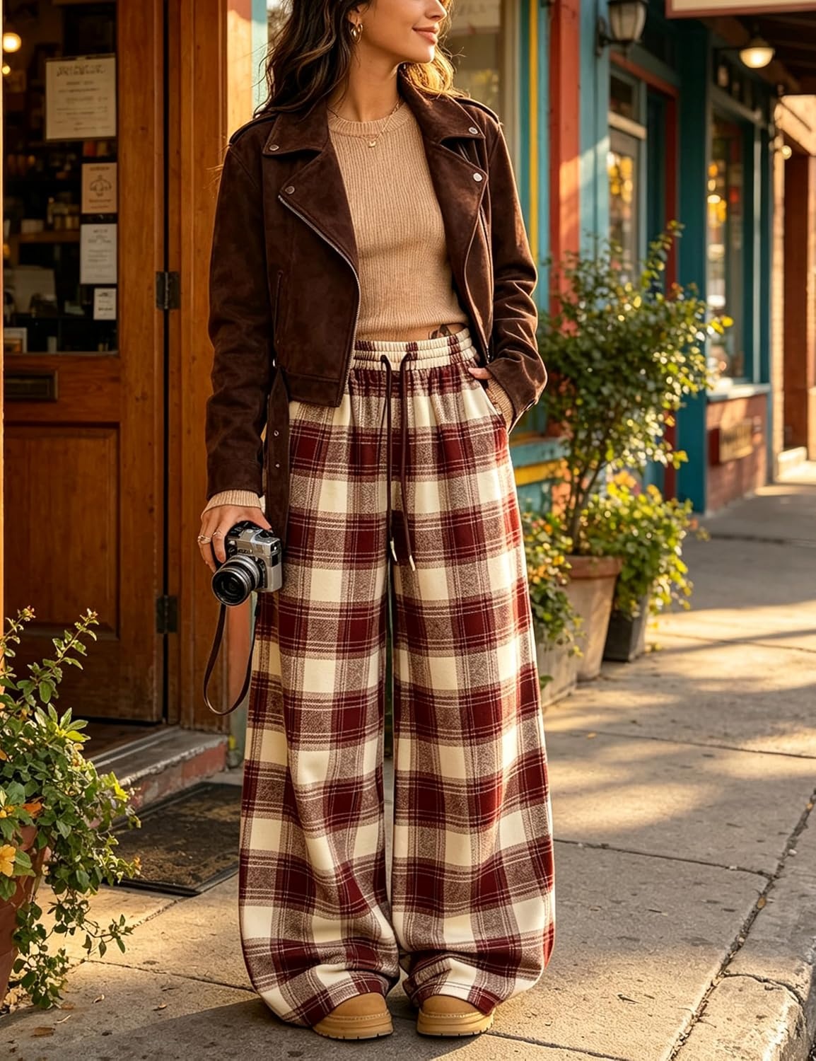image:imageSpringrain Womens Plaid Wide Leg Pants High Waist Fall Winter TrousersBurgundy