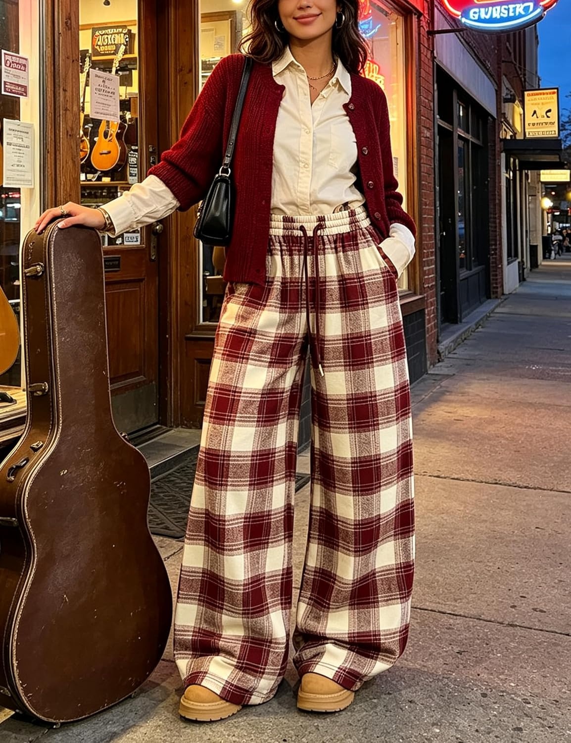 image:imageSpringrain Womens Plaid Wide Leg Pants High Waist Fall Winter TrousersBurgundy