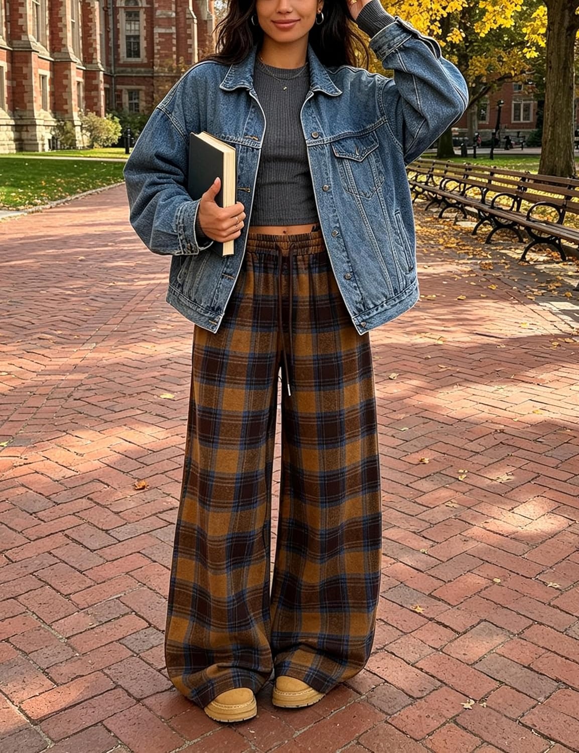 image:imageSpringrain Womens Plaid Wide Leg Pants High Waist Fall Winter TrousersCamel