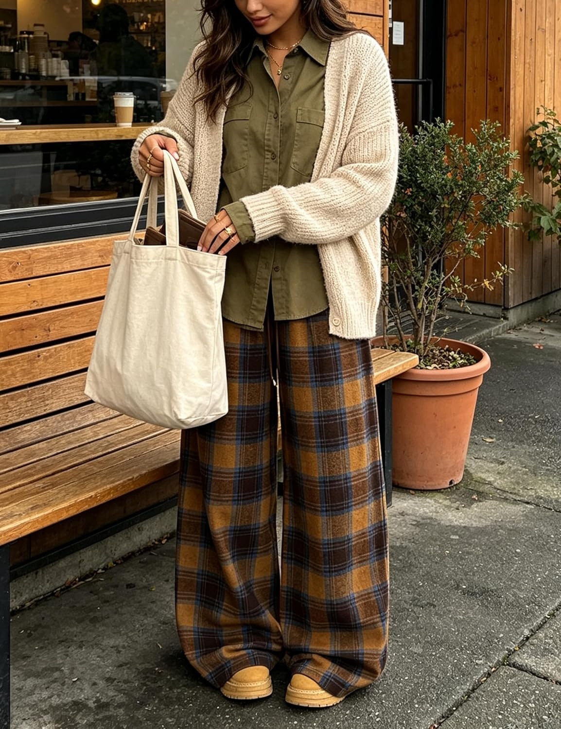 image:imageSpringrain Womens Plaid Wide Leg Pants High Waist Fall Winter TrousersCamel