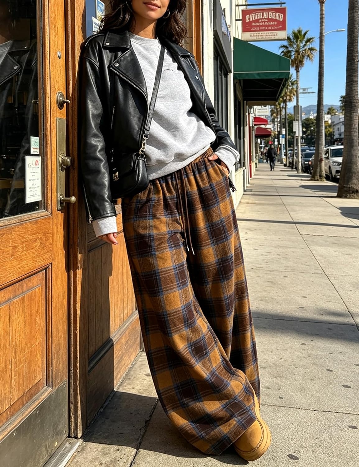 image:imageSpringrain Womens Plaid Wide Leg Pants High Waist Fall Winter TrousersCamel