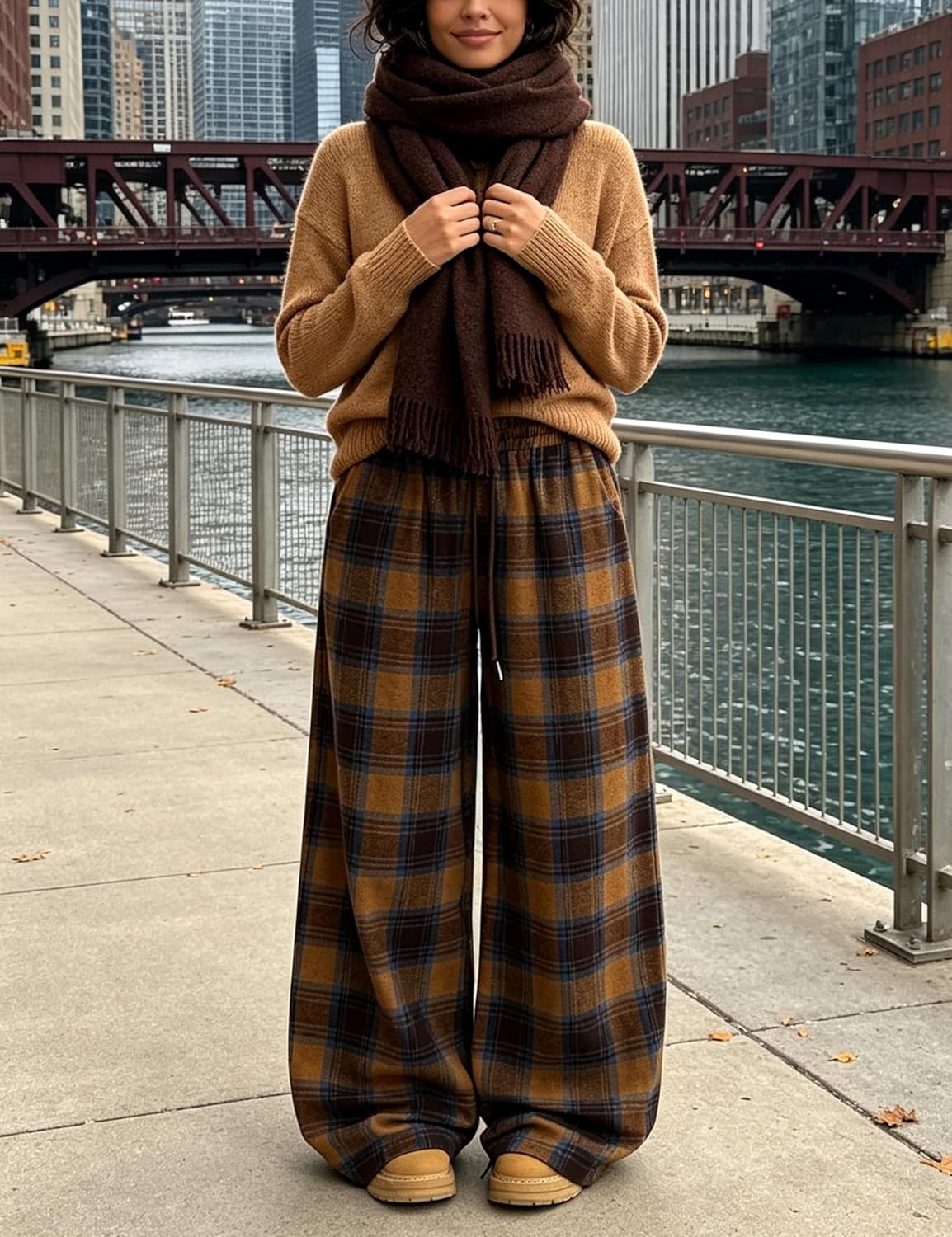 image:imageSpringrain Womens Plaid Wide Leg Pants High Waist Fall Winter TrousersCamel