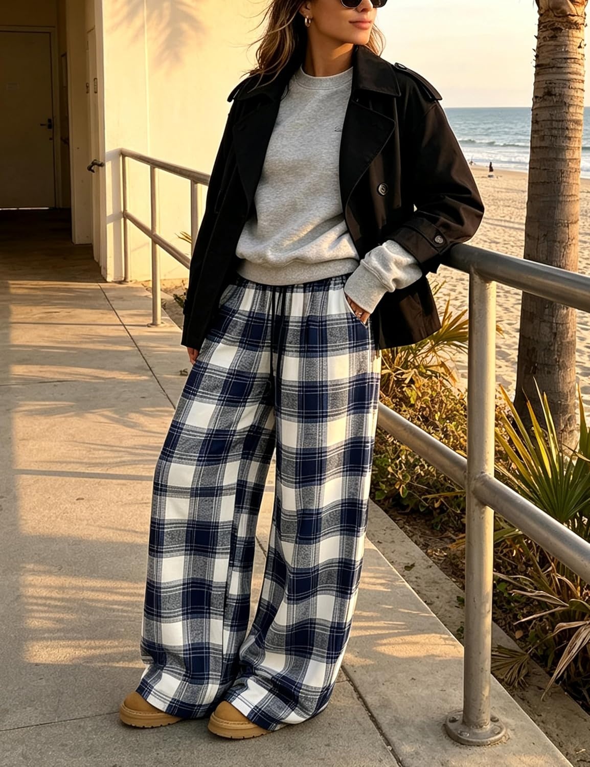 image:imageSpringrain Womens Plaid Wide Leg Pants High Waist Fall Winter TrousersNavy