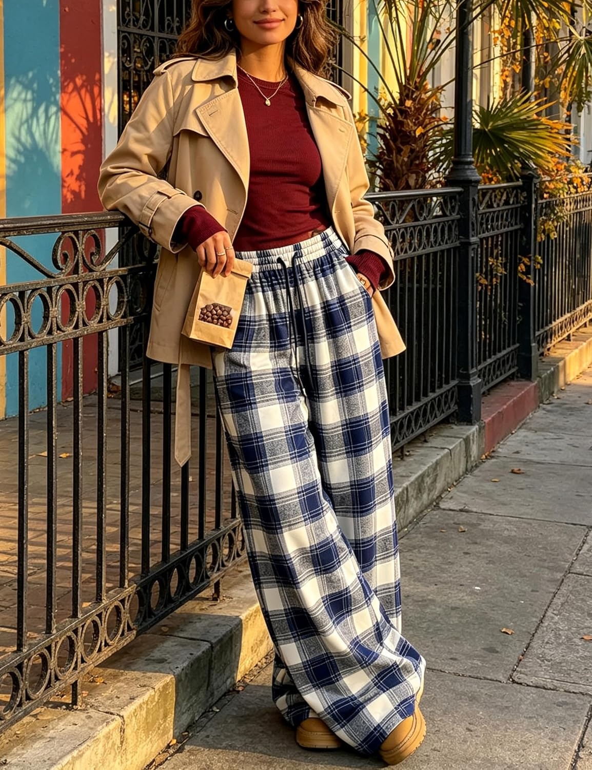 image:imageSpringrain Womens Plaid Wide Leg Pants High Waist Fall Winter TrousersNavy