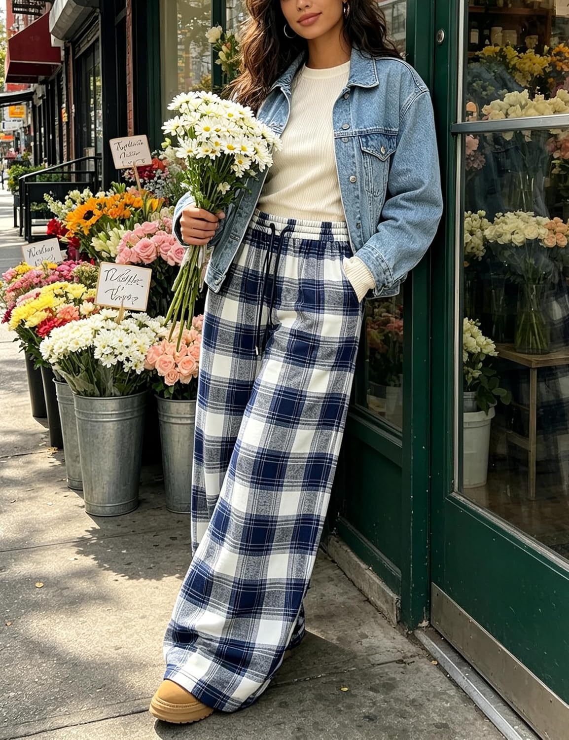 image:imageSpringrain Womens Plaid Wide Leg Pants High Waist Fall Winter TrousersNavy