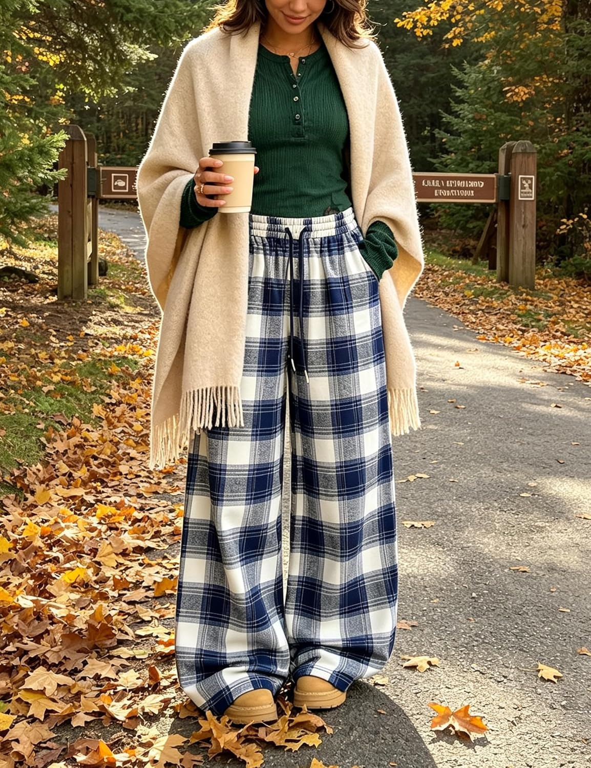 image:imageSpringrain Womens Plaid Wide Leg Pants High Waist Fall Winter TrousersNavy