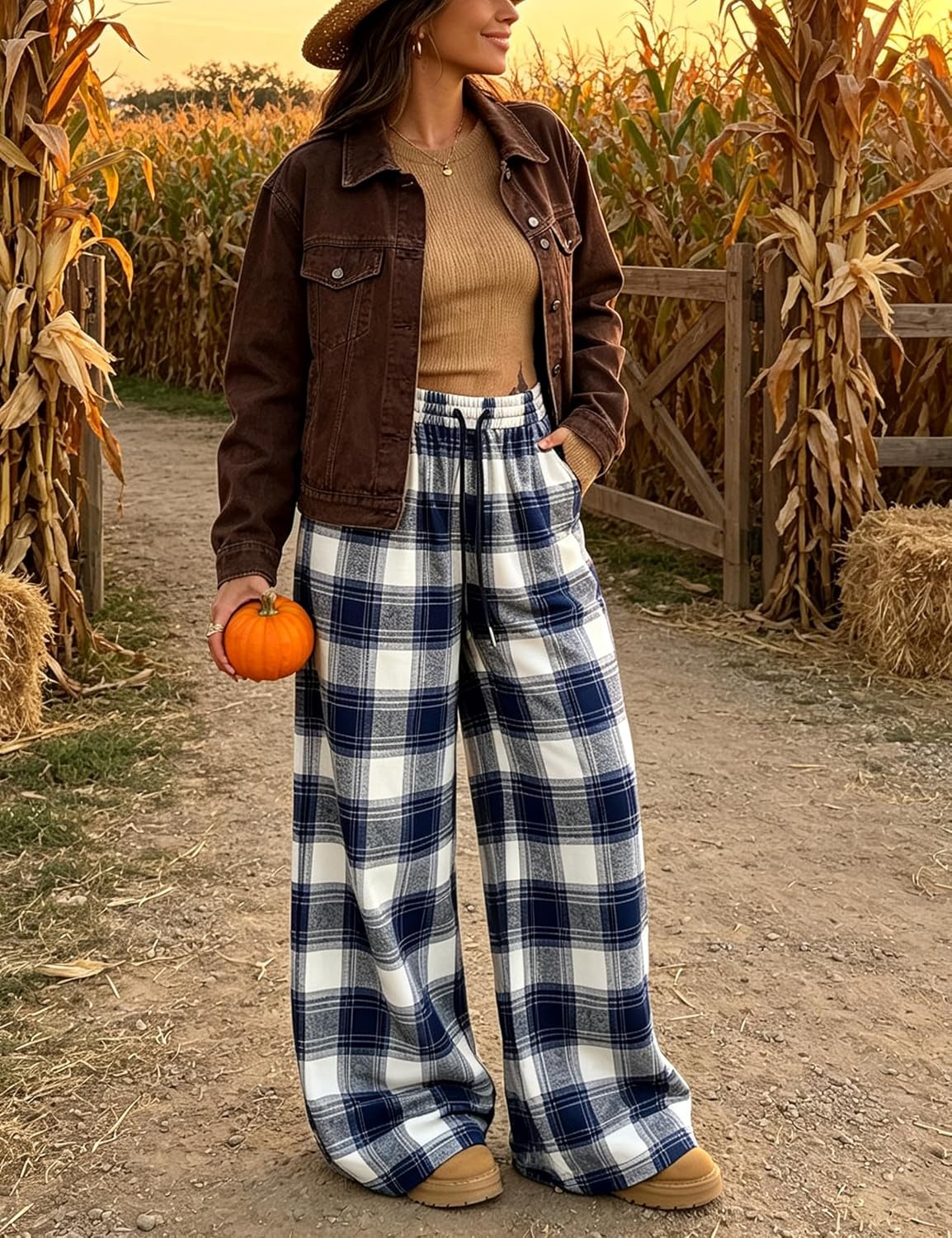 image:imageSpringrain Womens Plaid Wide Leg Pants High Waist Fall Winter TrousersNavy