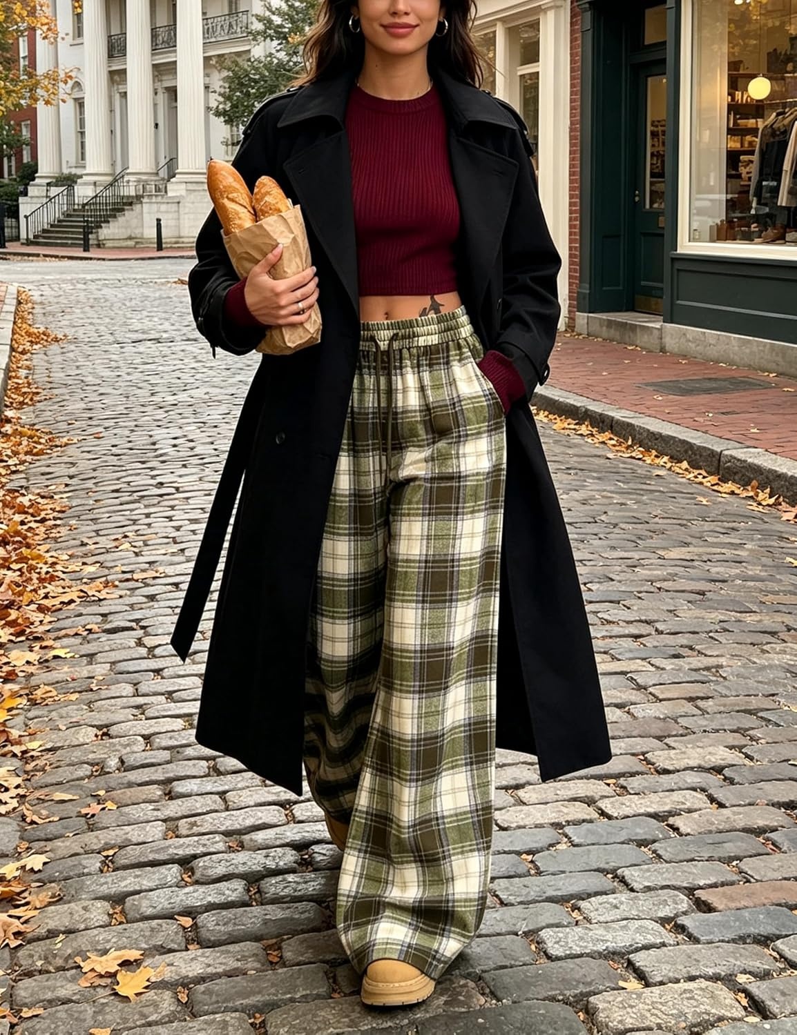 image:imageSpringrain Womens Plaid Wide Leg Pants High Waist Fall Winter TrousersOlive