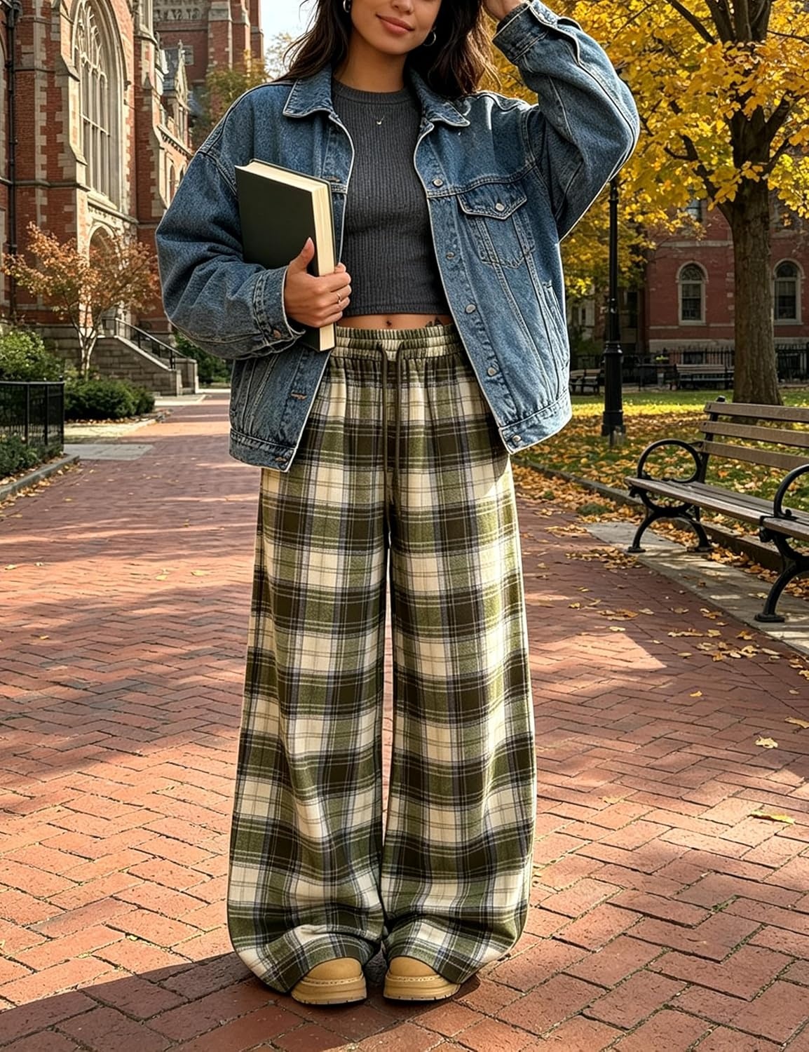image:imageSpringrain Womens Plaid Wide Leg Pants High Waist Fall Winter TrousersOlive