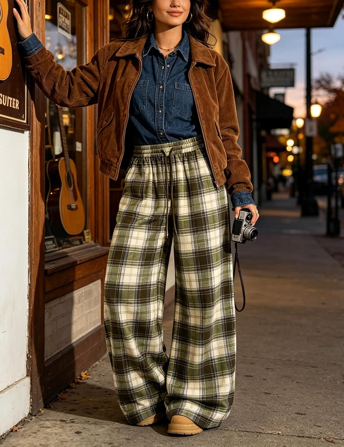 image:imageSpringrain Womens Plaid Wide Leg Pants High Waist Fall Winter TrousersOlive