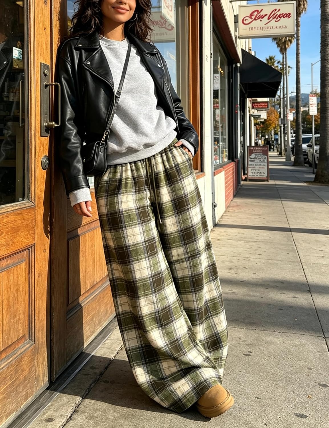 image:imageSpringrain Womens Plaid Wide Leg Pants High Waist Fall Winter TrousersOlive