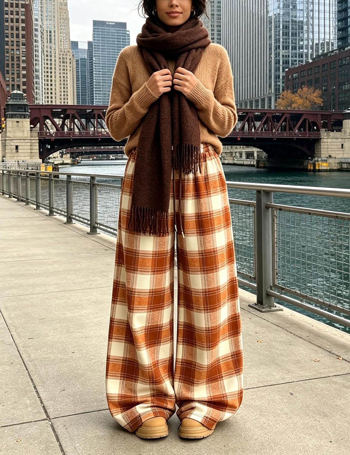 image:imageSpringrain Womens Plaid Wide Leg Pants High Waist Fall Winter TrousersOrange