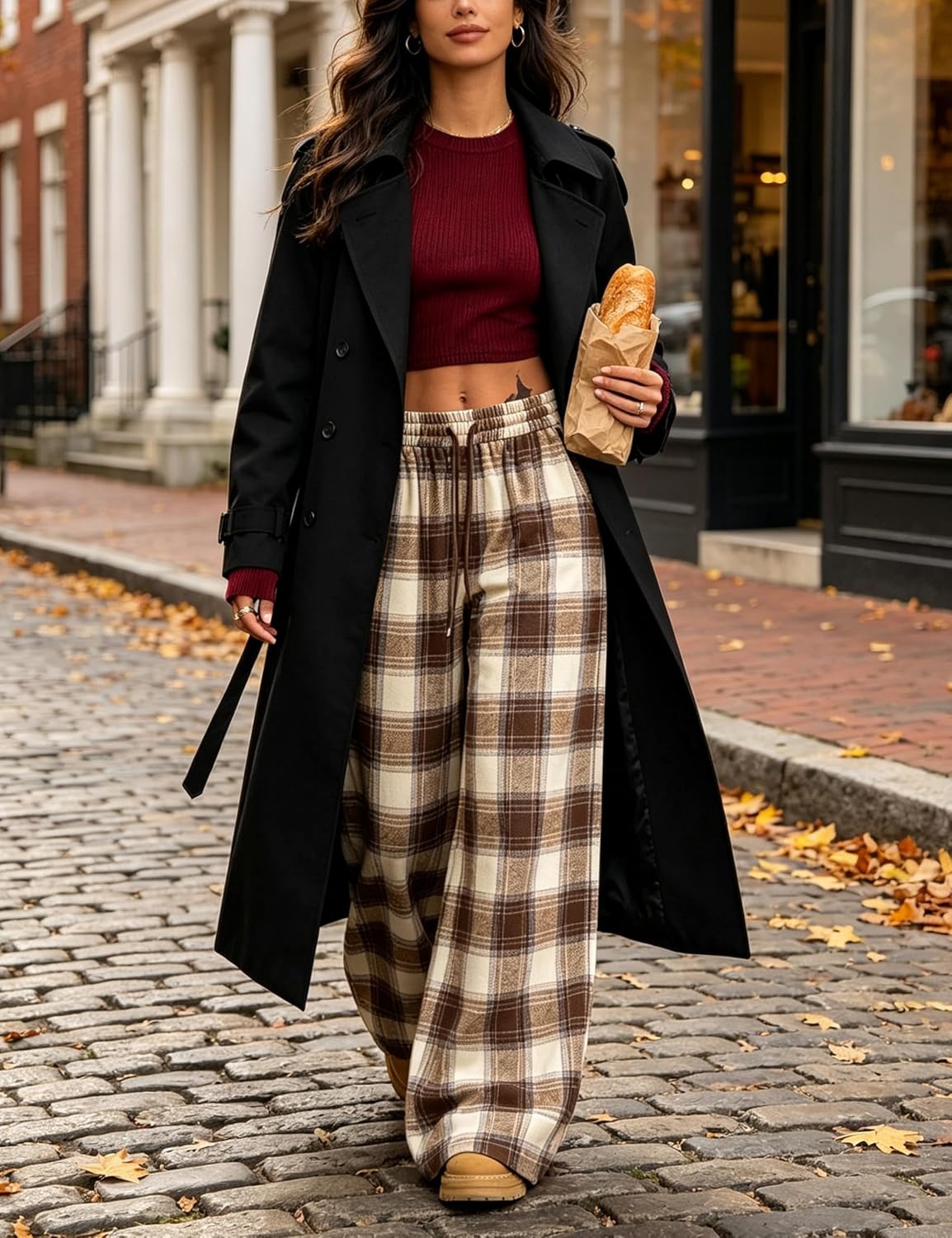 image:imageSpringrain Womens Plaid Wide Leg Pants High Waist Fall Winter TrousersTaupe