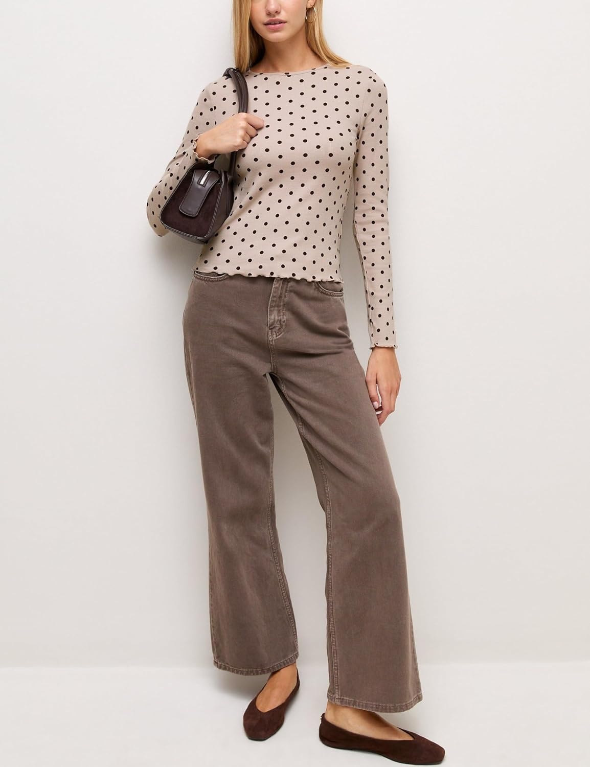 image:imageSpringrain Womens Polka Dot Long Sleeve T Shirt Crew Neck Knit TopKhaki