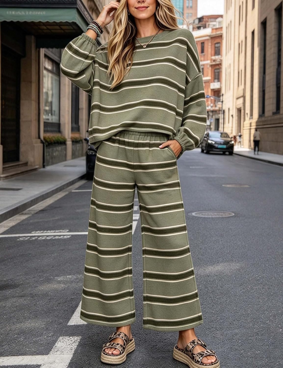 image:imageSpringrain Womens Striped 2 Piece Outfits Sweatshirt Wide Leg Pants SetArmygreen