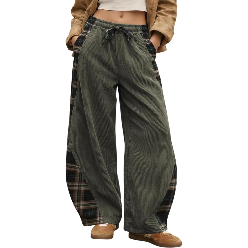 image:imageSpringrain Womens Corduroy Barrel Leg Plaid Patchwork Drawstring PantsArmygreen