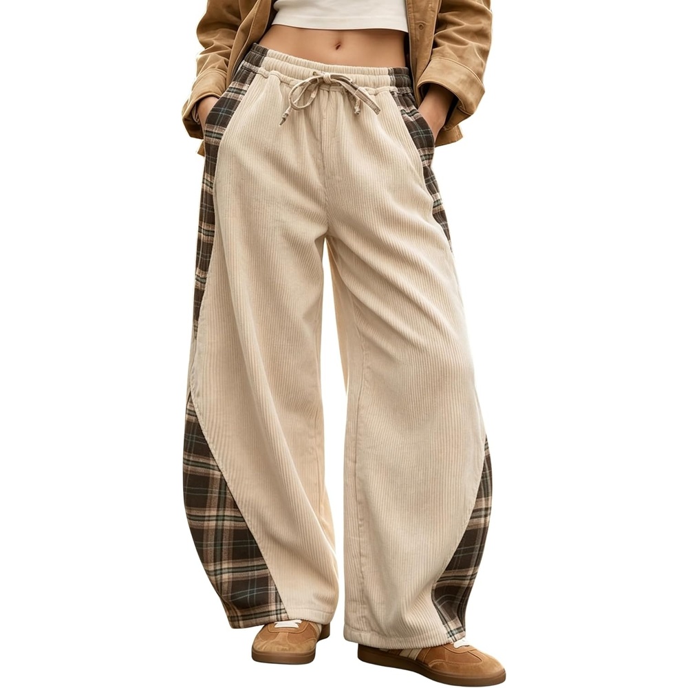 image:imageSpringrain Womens Corduroy Barrel Leg Plaid Patchwork Drawstring PantsBeige