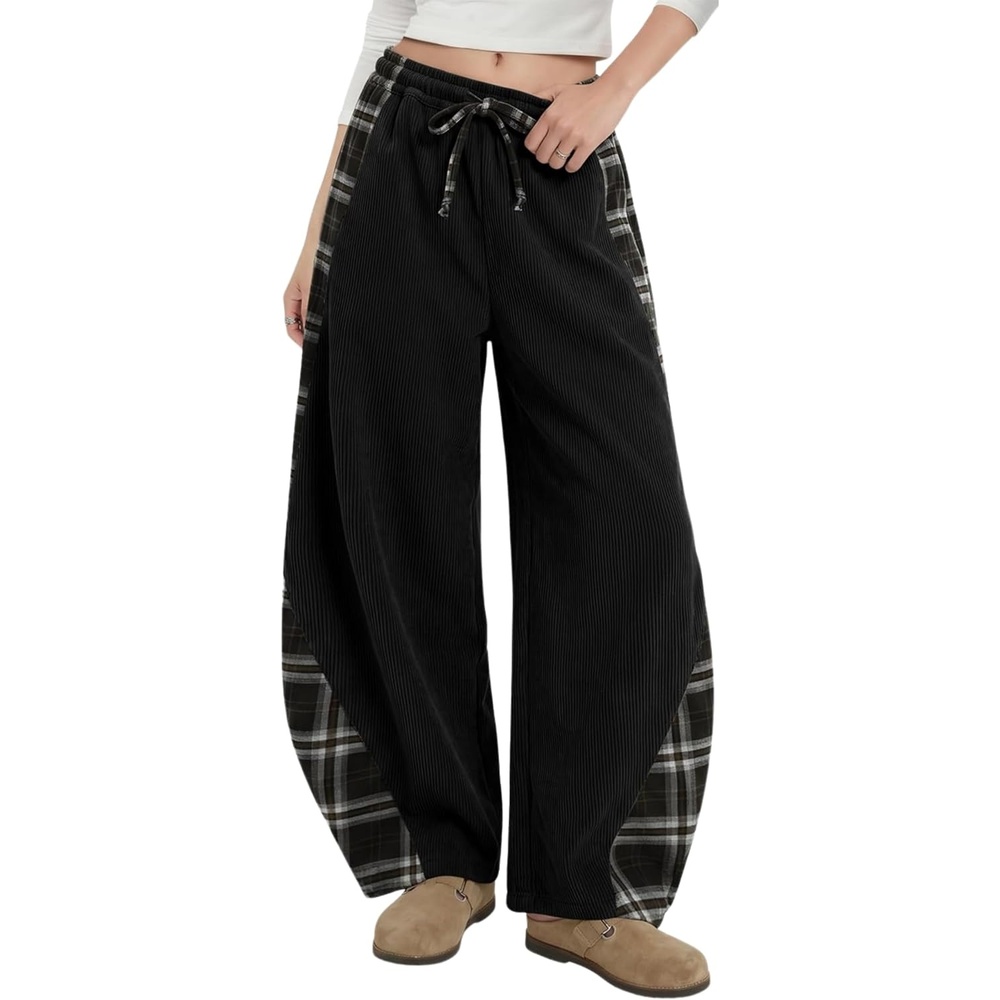image:imageSpringrain Womens Corduroy Barrel Leg Plaid Patchwork Drawstring PantsBlack