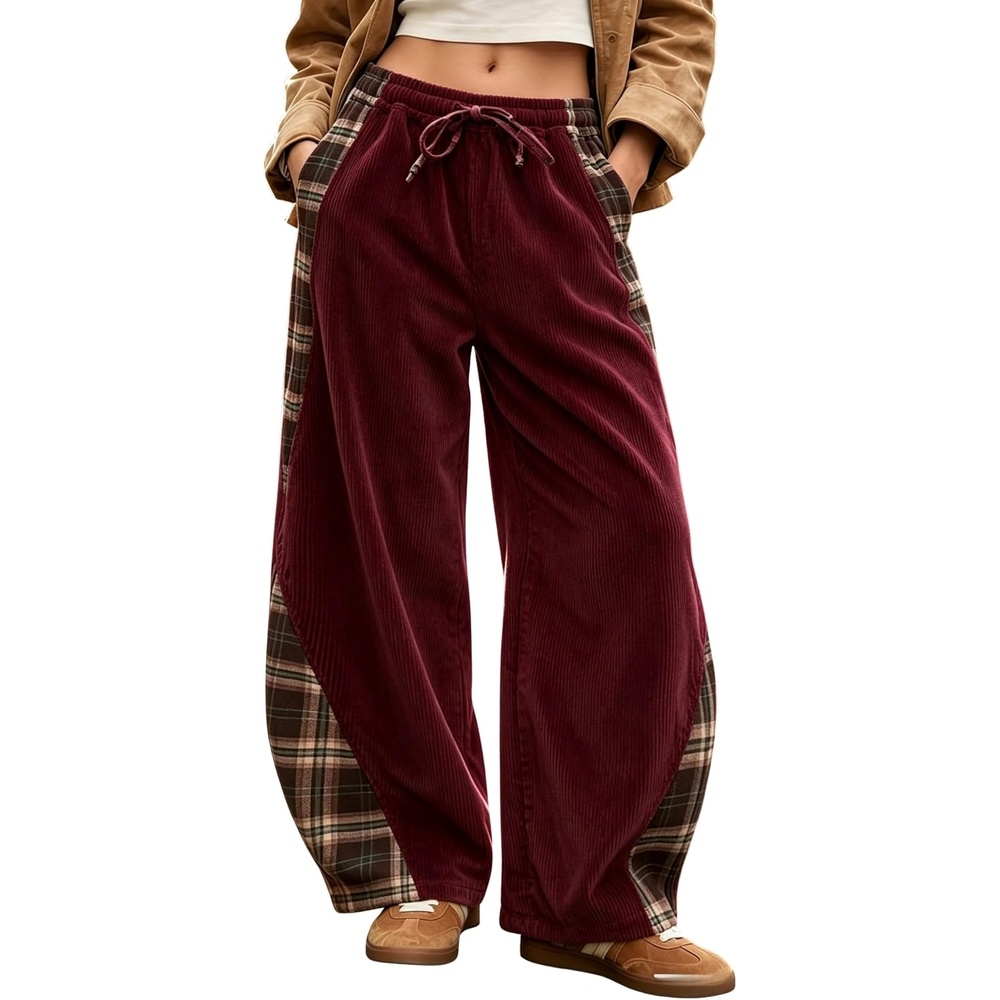 image:imageSpringrain Womens Corduroy Barrel Leg Plaid Patchwork Drawstring PantsBurgundy