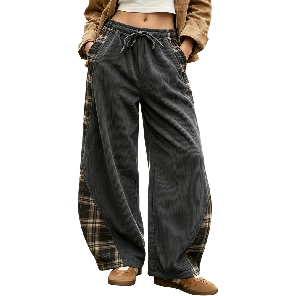 image:imageSpringrain Womens Corduroy Barrel Leg Plaid Patchwork Drawstring PantsDarkgrey