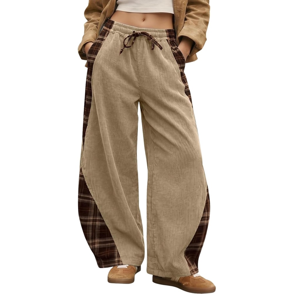 image:imageSpringrain Womens Corduroy Barrel Leg Plaid Patchwork Drawstring PantsKhaki