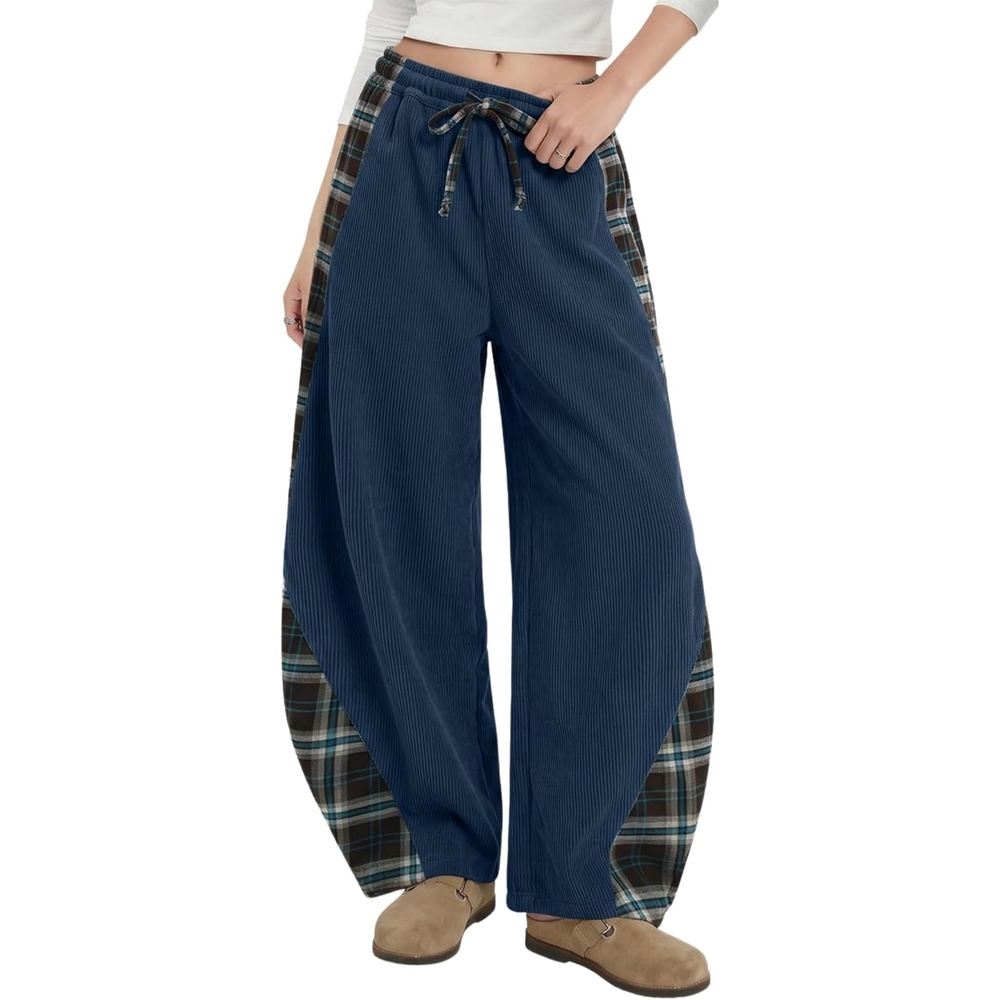 image:imageSpringrain Womens Corduroy Barrel Leg Plaid Patchwork Drawstring PantsNavy