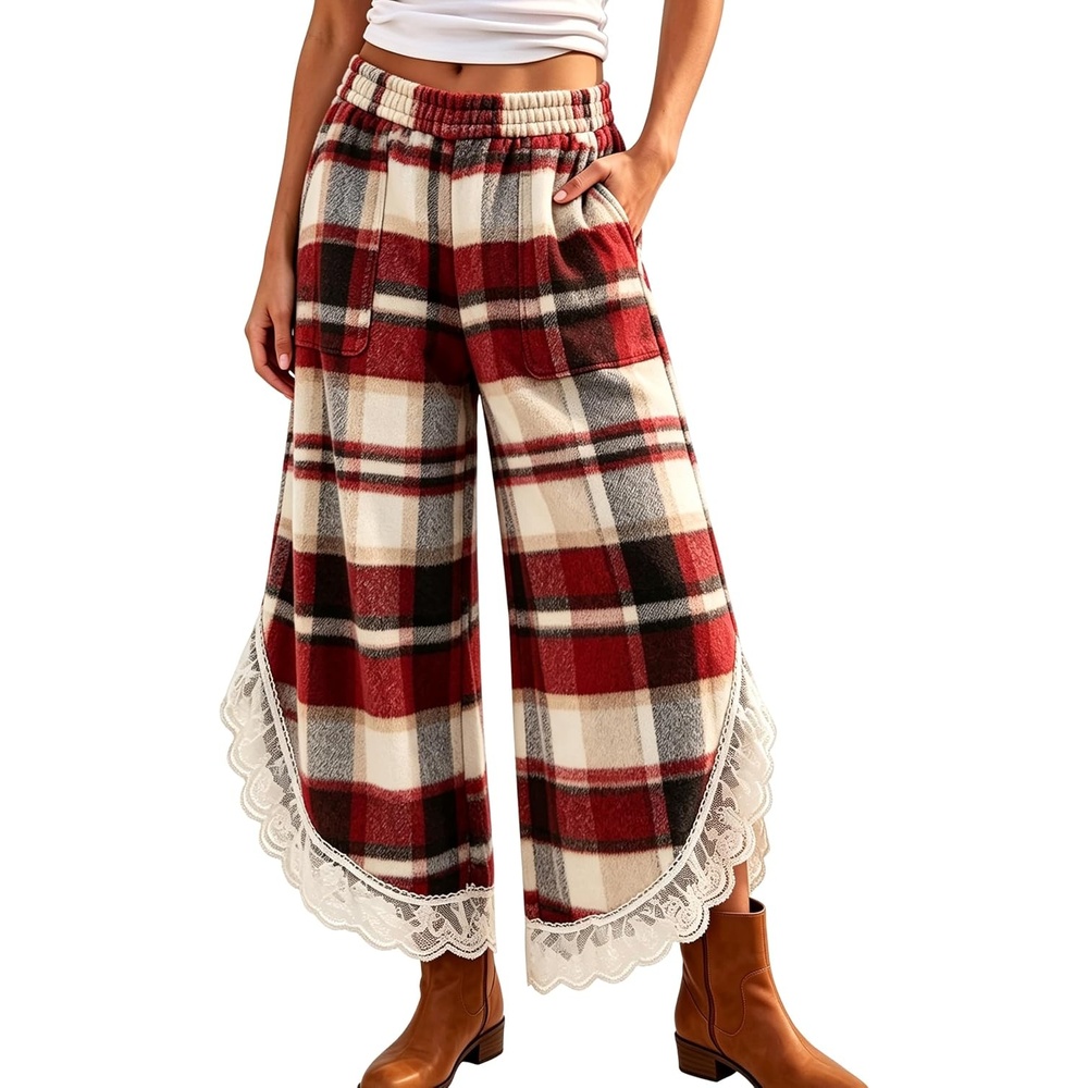 image:imageSpringrain Womens Flannel Plaid Wide Leg Pants Lace Trim Fall TrousersWinered